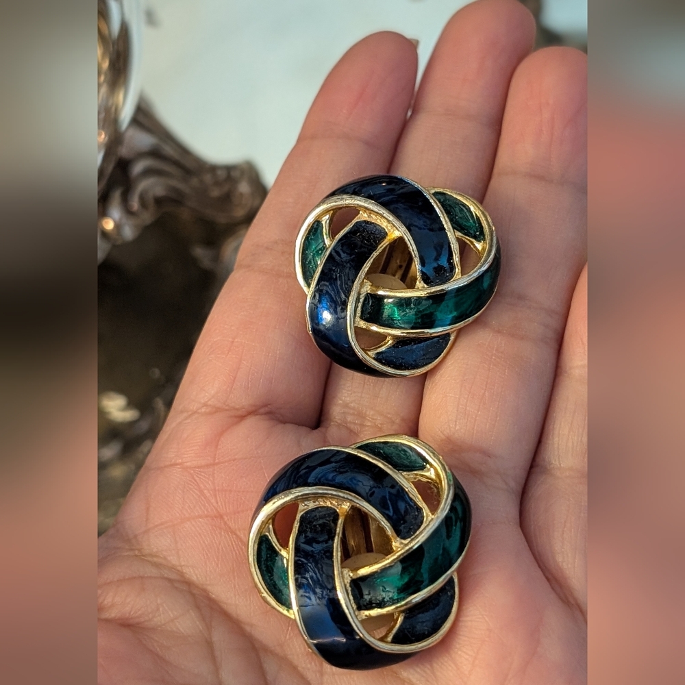 Elegant Gold and Blue‎ Enamelled Knot Earrings - Picture 2 of 5
